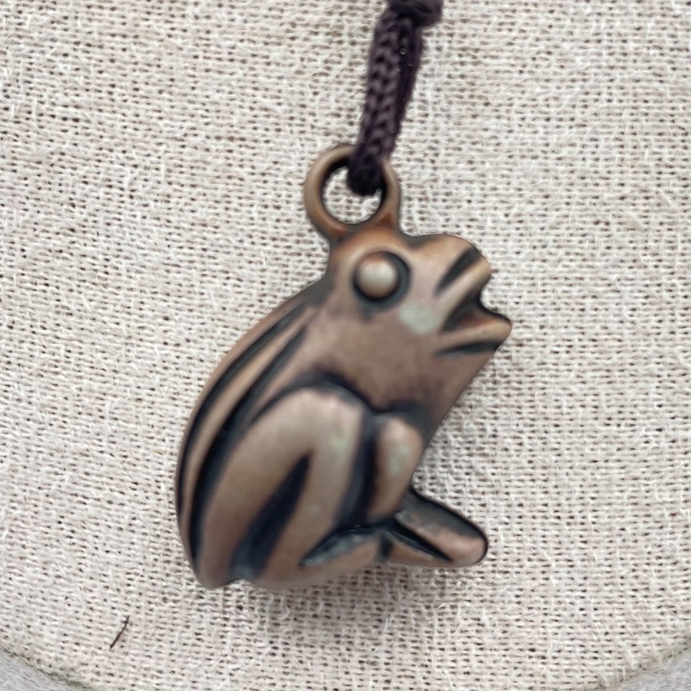 Vintage Bronze Frog Pendant Necklace Brown Braided Silk Cord Boho Cottagecore